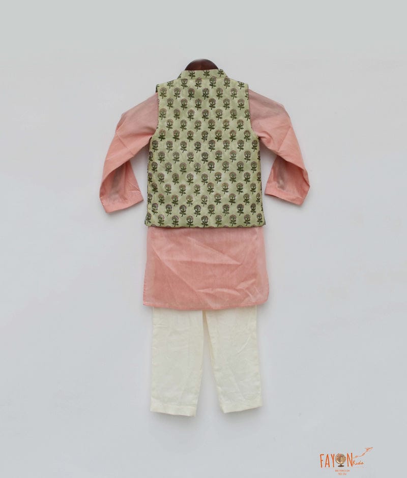 Green Printed Jacket with Peach Kurta Off White Pant for Boys