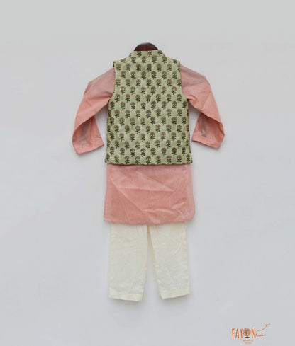 Green Printed Jacket with Peach Kurta Off White Pant for Boys
