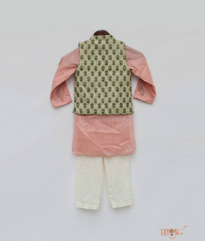 Green Printed Jacket with Peach Kurta Off White Pant for Boys