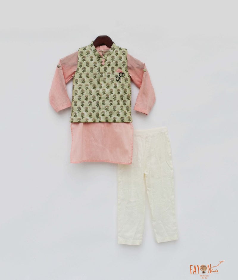 Green Printed Jacket with Peach Kurta Off White Pant for Boys