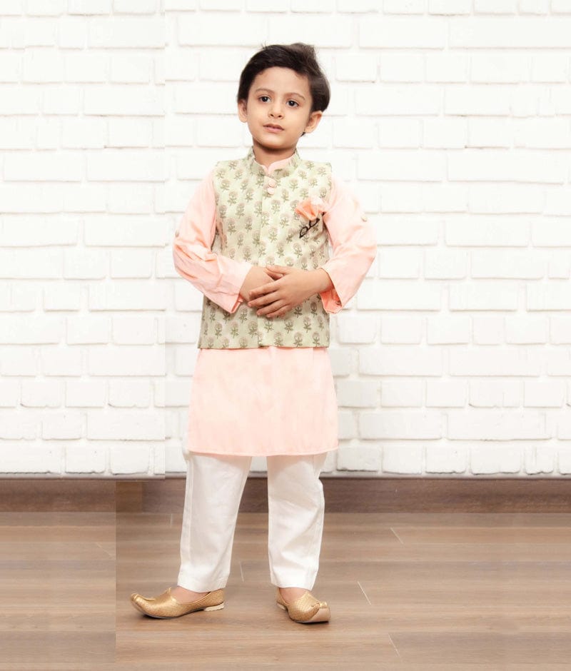 Green Printed Jacket with Peach Kurta Off White Pant for Boys