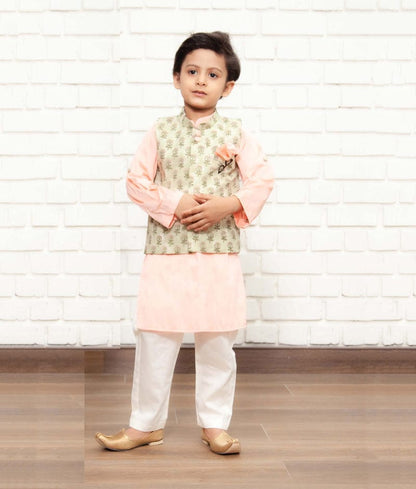 Green Printed Jacket with Peach Kurta Off White Pant for Boys