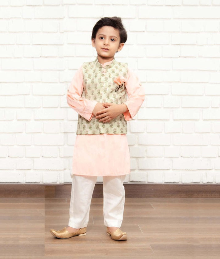 Green Printed Jacket with Peach Kurta Off White Pant for Boys