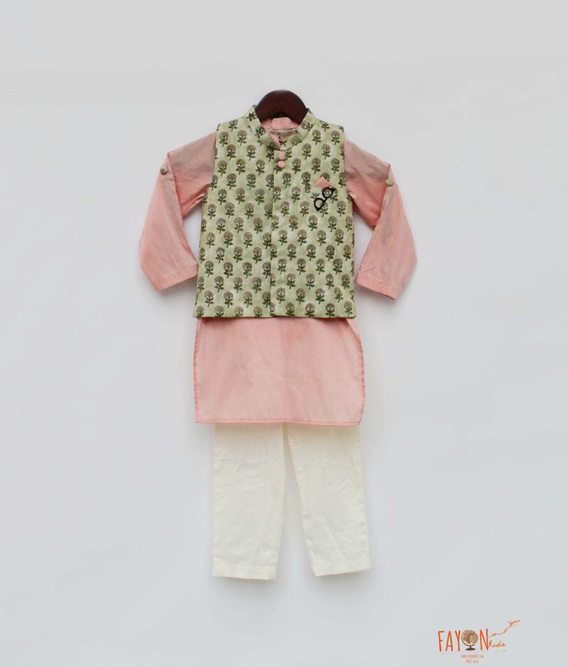 Green Printed Jacket with Peach Kurta Off White Pant for Boys