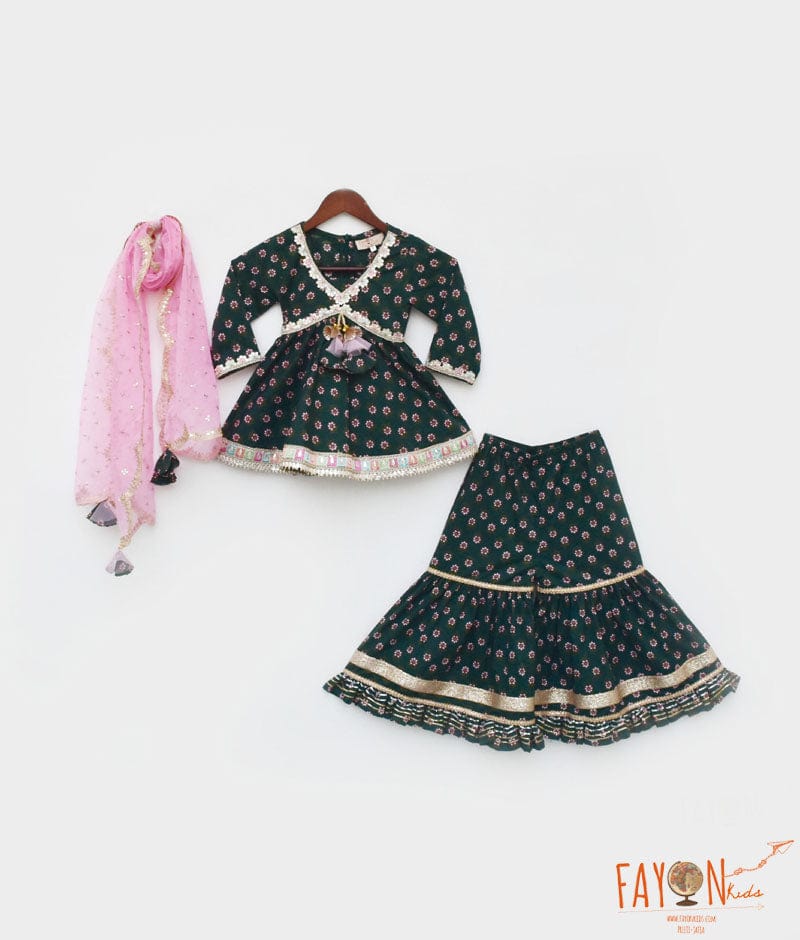 Green Printed Kurti Sharara for Girls