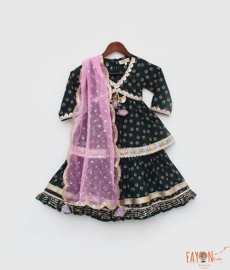 Green Printed Kurti Sharara for Girls