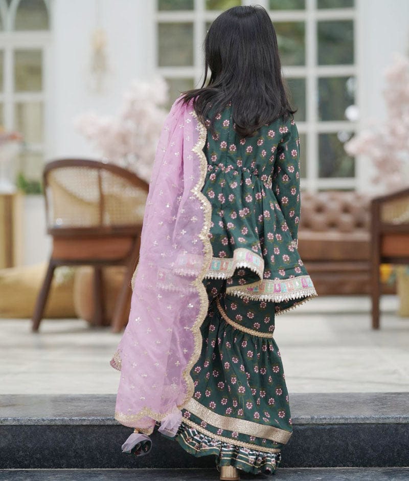 Green Printed Kurti Sharara for Girls