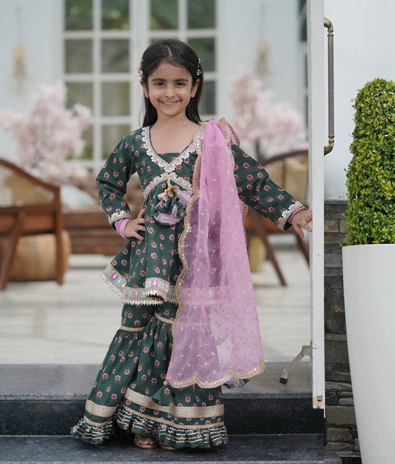 Green Printed Kurti Sharara for Girls