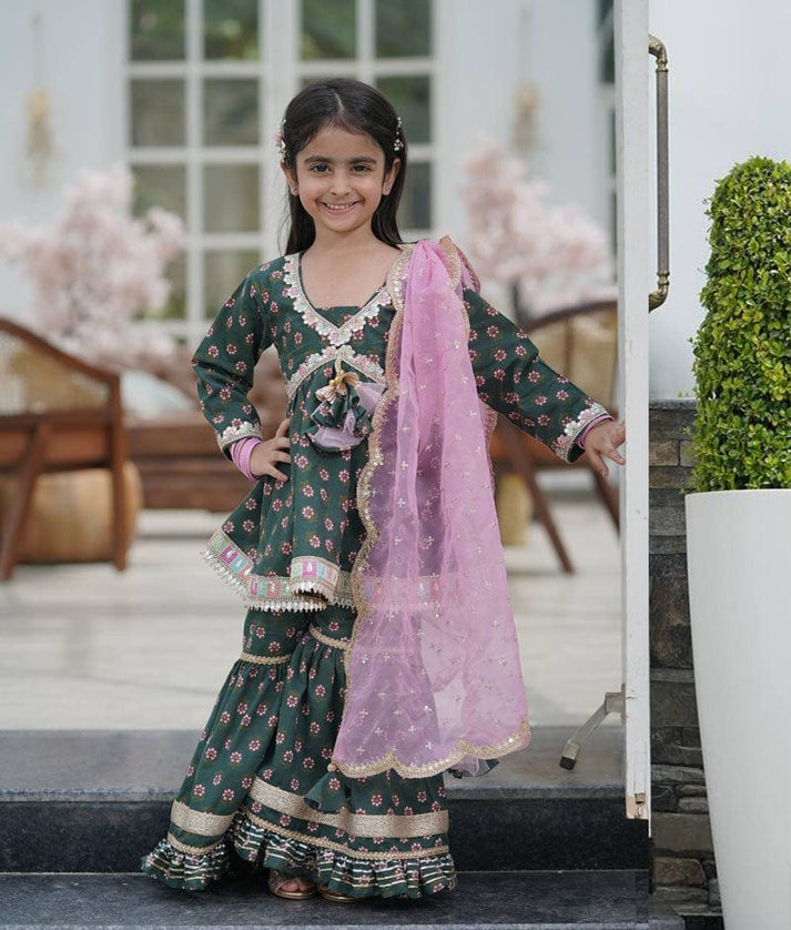 Green Printed Kurti Sharara for Girls