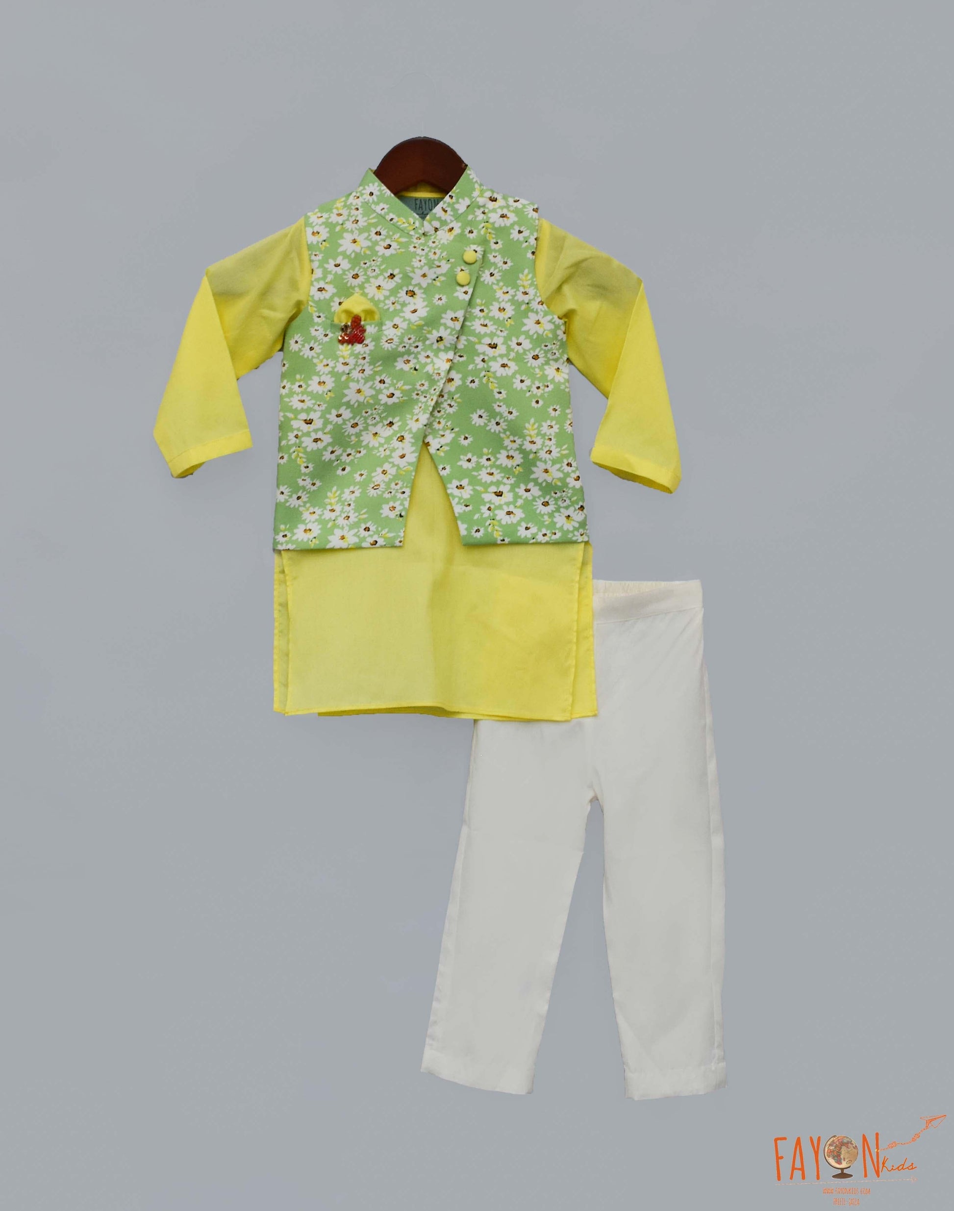 Green Printed Nehru Jacket with Yellow Kurta Pant for Boys