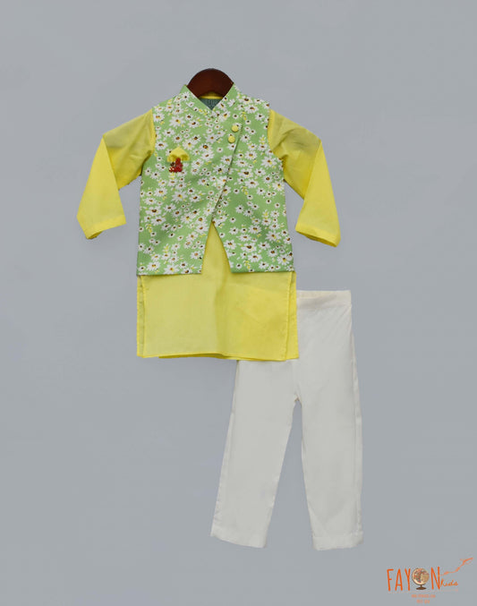 Green Printed Nehru Jacket with Yellow Kurta Pant for Boys