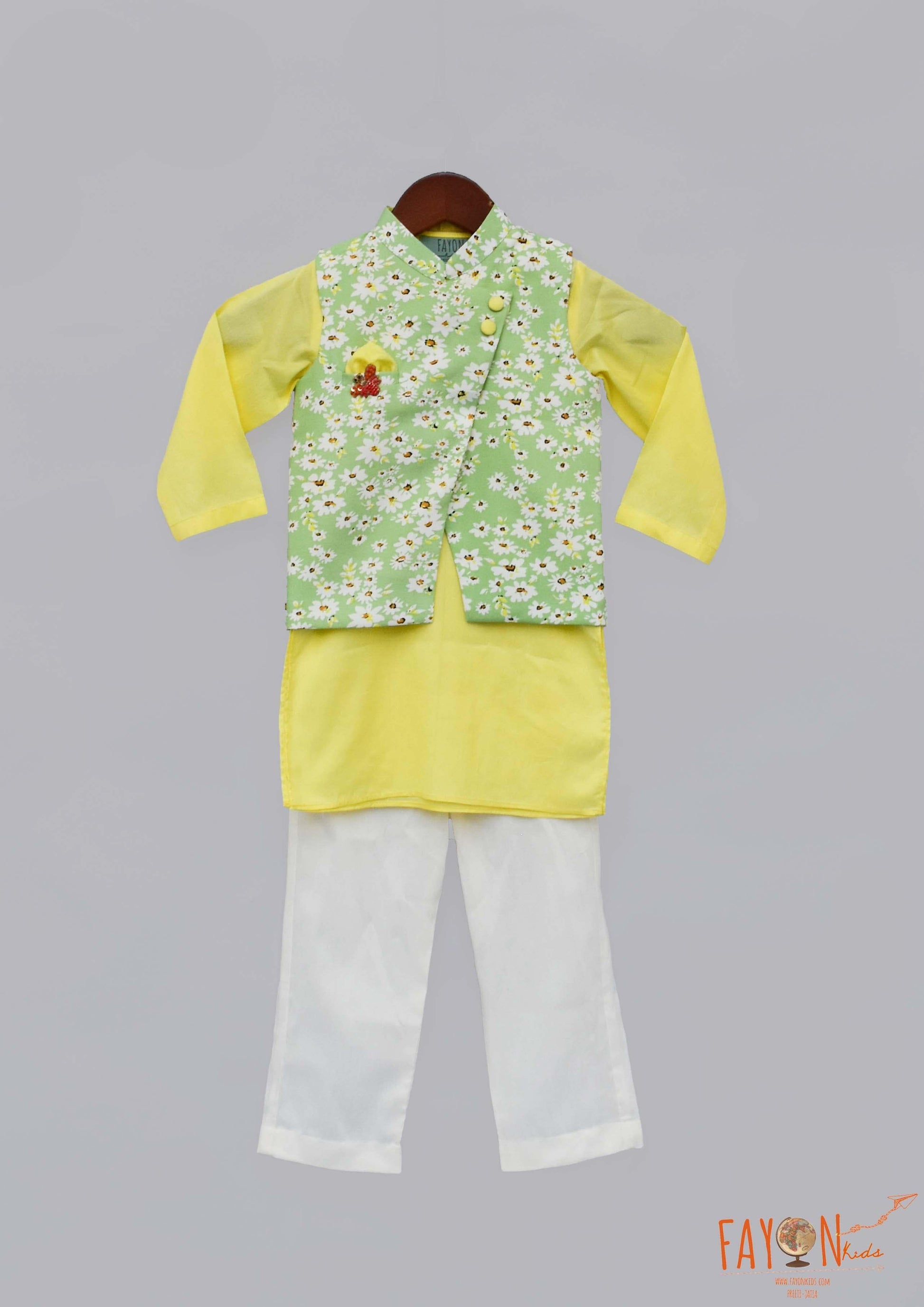 Green Printed Nehru Jacket with Yellow Kurta Pant for Boys