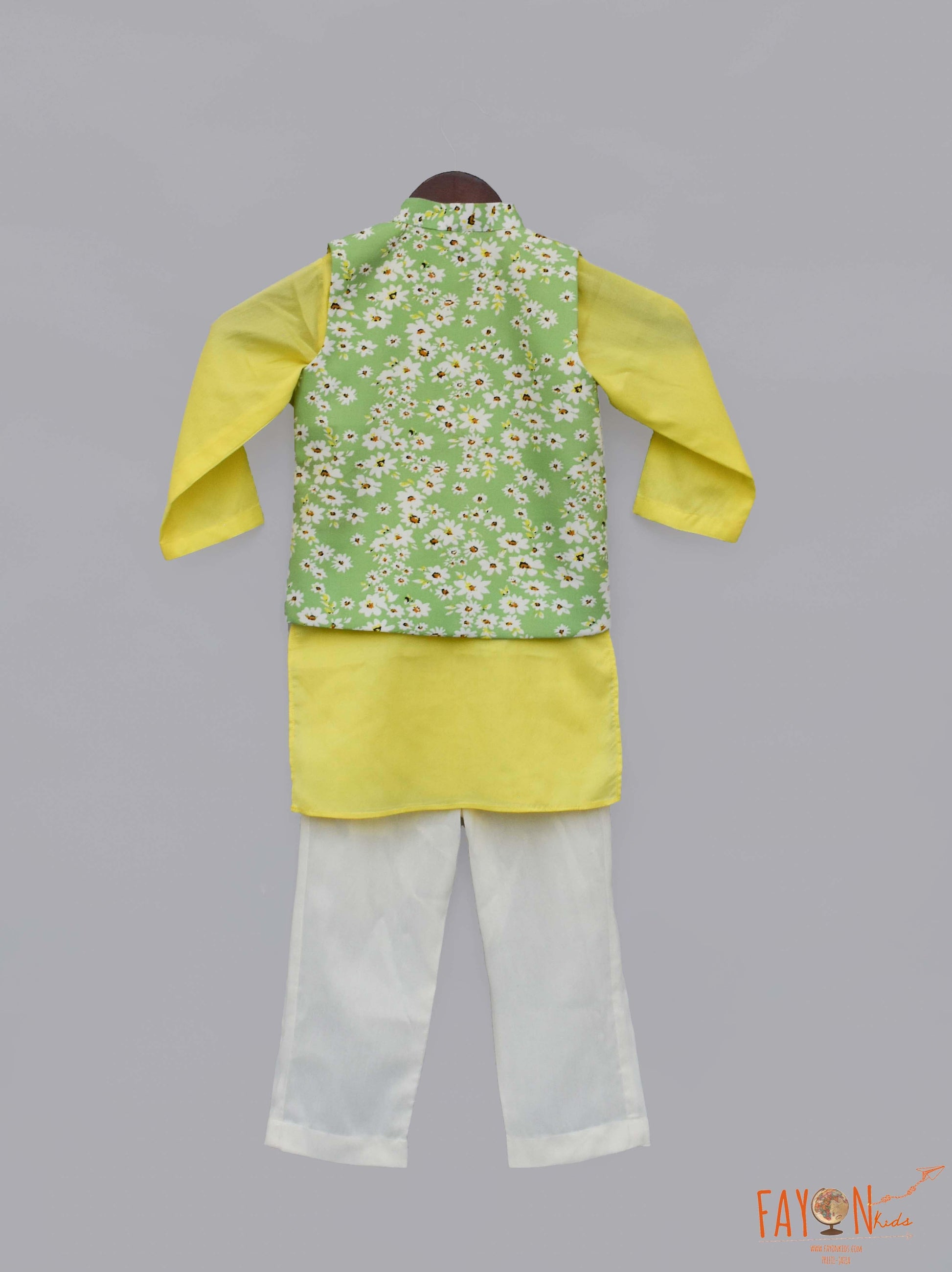 Green Printed Nehru Jacket with Yellow Kurta Pant for Boys