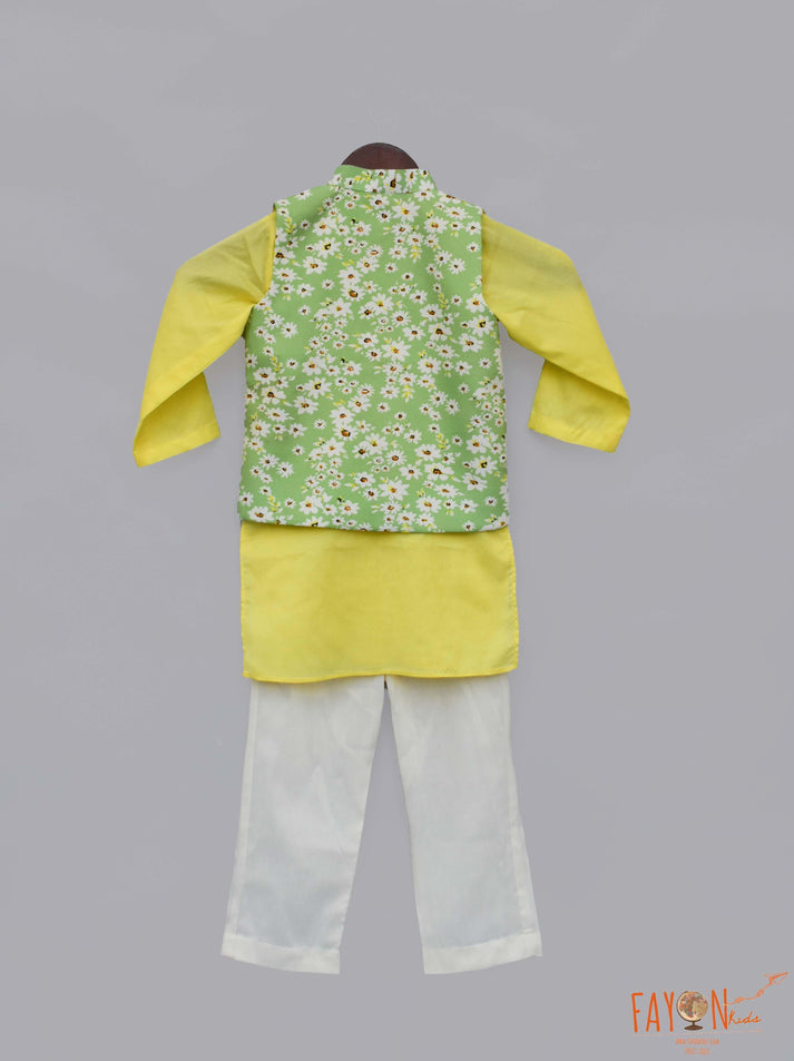 Green Printed Nehru Jacket with Yellow Kurta Pant for Boys
