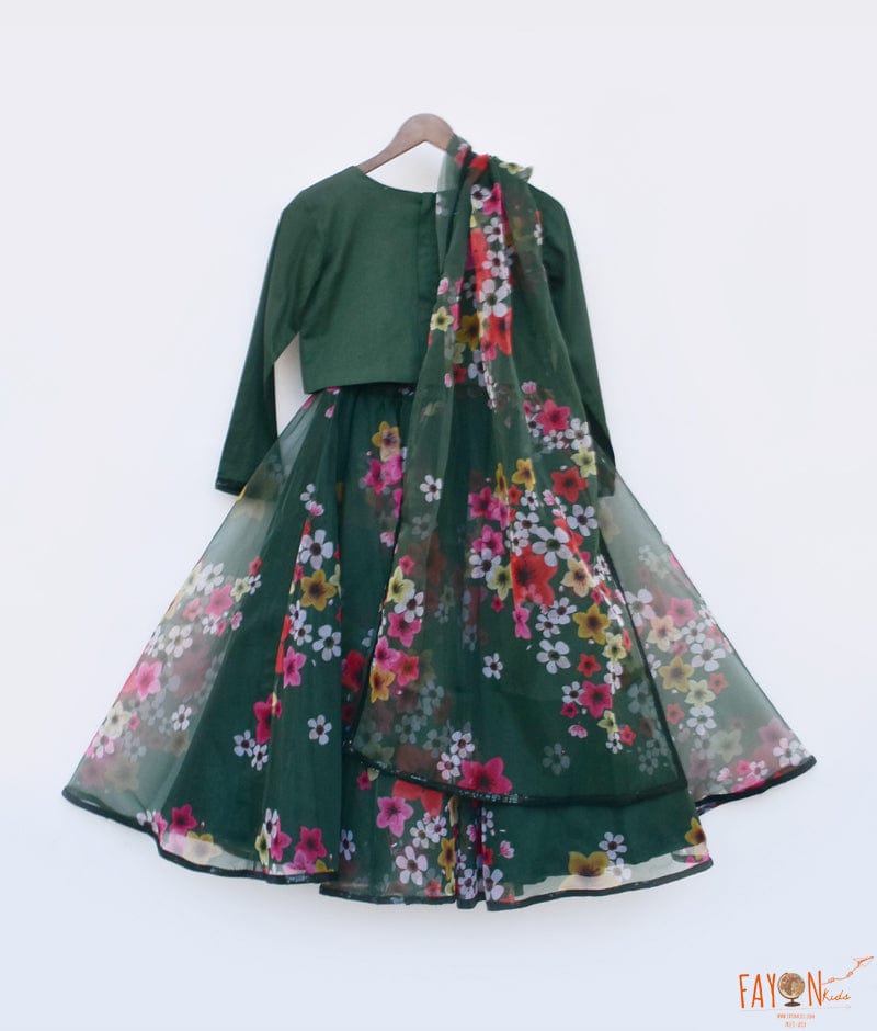 Green Printed Organza Lehenga Top Dupatta for Girls