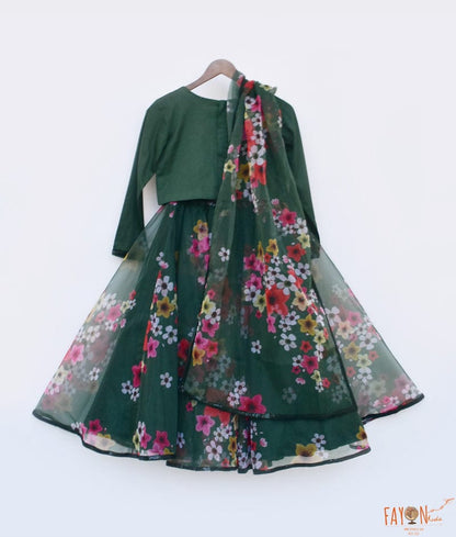 Green Printed Organza Lehenga Top Dupatta for Girls