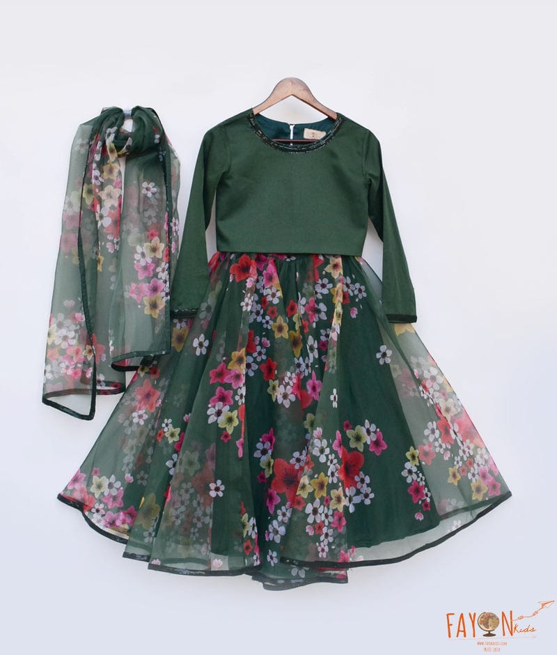 Green Printed Organza Lehenga Top Dupatta for Girls
