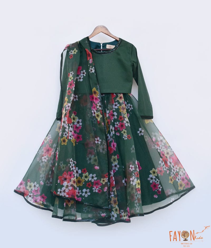 Green Printed Organza Lehenga Top Dupatta for Girls