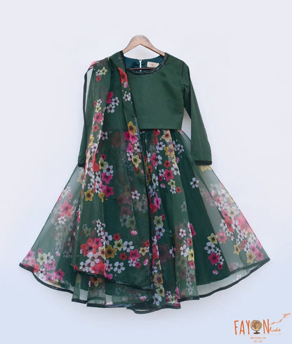 Green Printed Organza Lehenga Top Dupatta for Girls