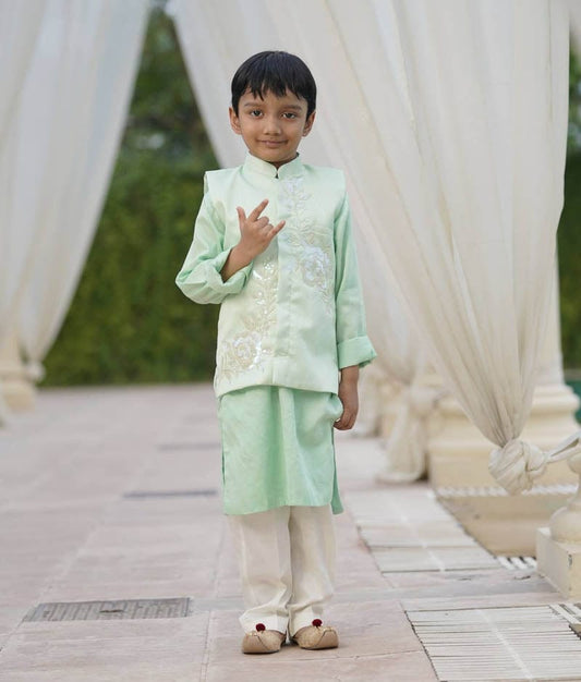 Green Sequins Embroidery Jacket and Kurta Pant for Boys
