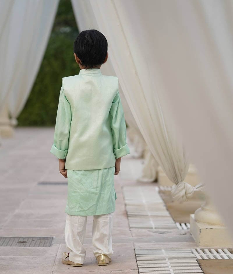 Fayon Kids Green Sequins Embroidery Jacket and Kurta Pant for Boys