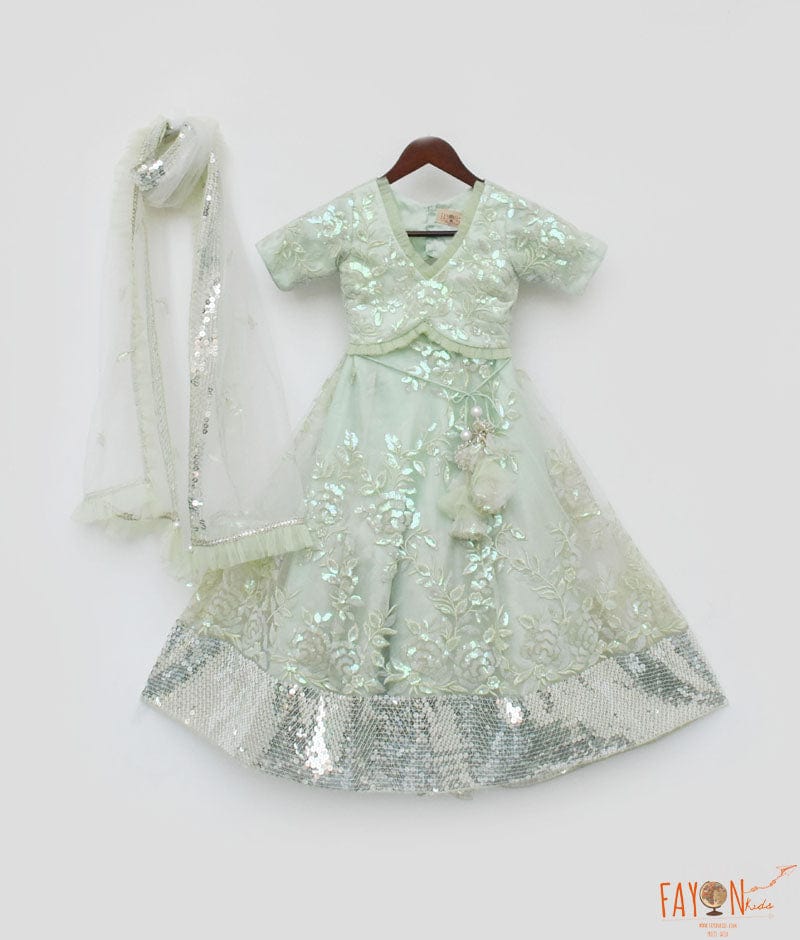 Fayon Kids Green Sequins Embroidery Lehenga Choli and Dupatta for Girls