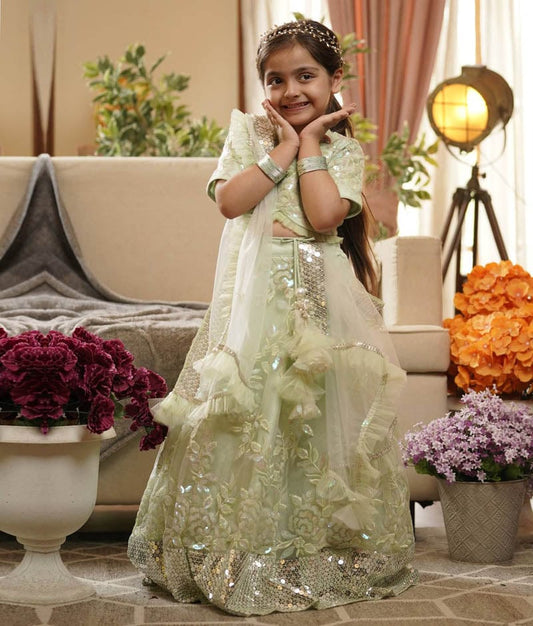 Fayon Kids Green Sequins Embroidery Lehenga Choli and Dupatta for Girls