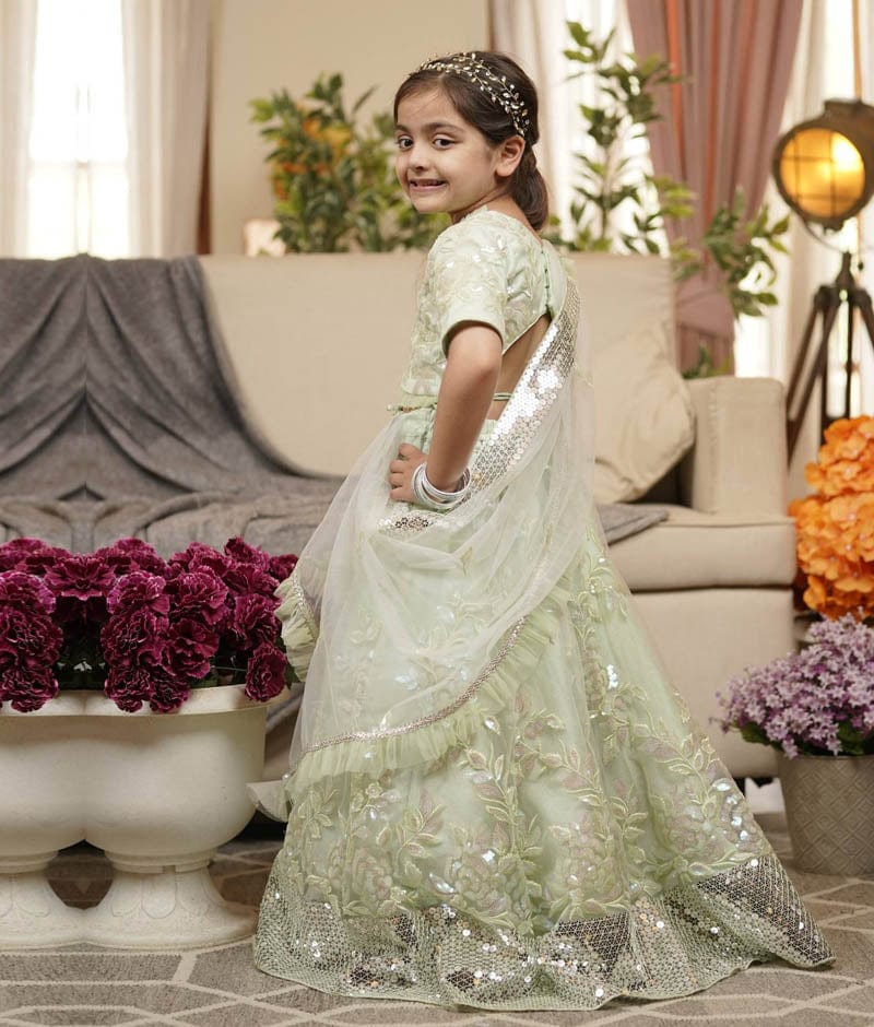 Fayon Kids Green Sequins Embroidery Lehenga Choli and Dupatta for Girls