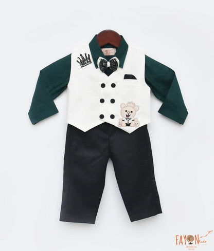 Fayon Kids Green Shirt Off white Waist Coat Pant for Boys