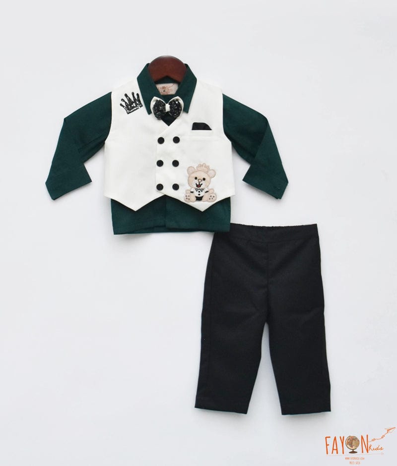 Fayon Kids Green Shirt Off white Waist Coat Pant for Boys