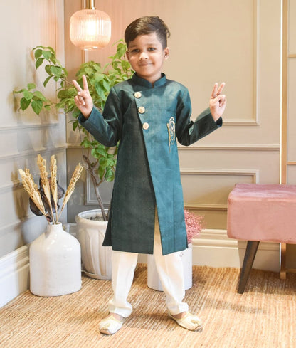 Fayon Kids Green Silk Ajkan and Pant for Boys