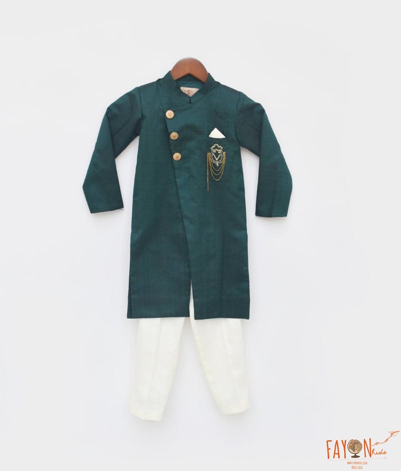 Fayon Kids Green Silk Ajkan and Pant for Boys