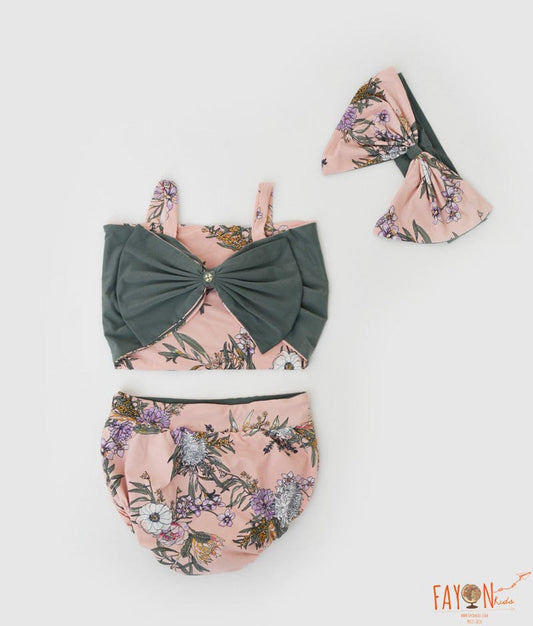 Green Top and Pink Floral Print Swimwear for Girls