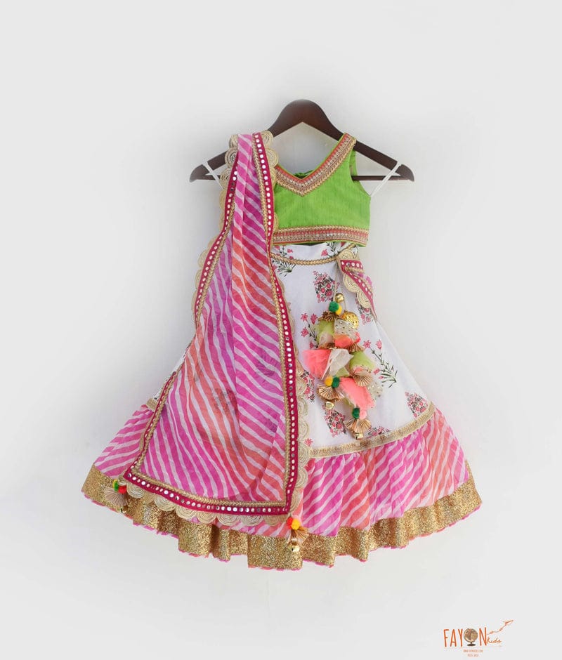 Fayon Kids Green White Printed Lehenga with Choli Georgette Dupatta for Girls