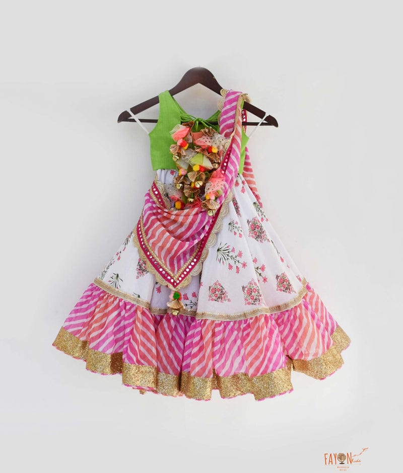 Green White Printed Lehenga with Choli Georgette Dupatta for Girls