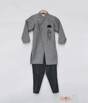 Grey Achkan with Black Pant for Boys