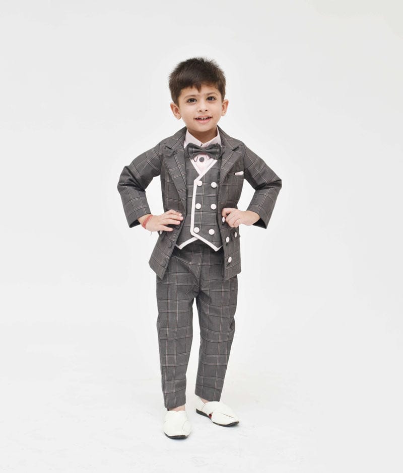 Fayon Kids Grey Check Coat with Pink Shirt Pant for Boys