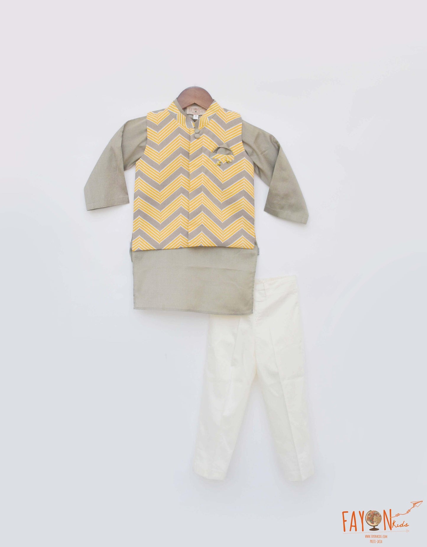 Grey Cotton Silk Printed Jacket Kurta Chevron with Pant set for boys