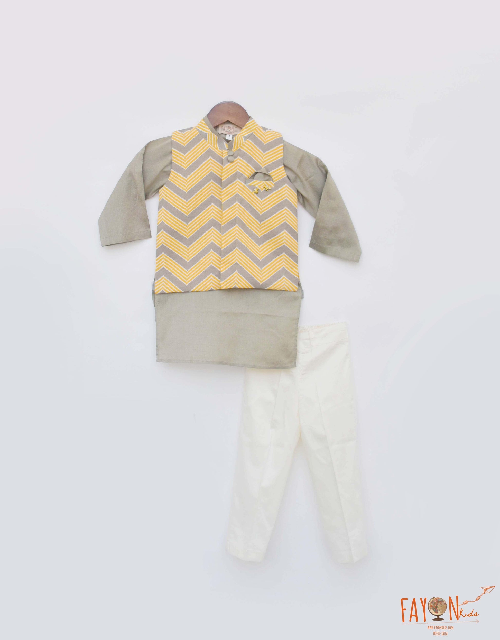 Grey Cotton Silk Printed Jacket Kurta Chevron with Pant set for boys