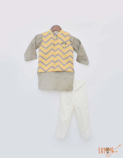 Grey Cotton Silk Printed Jacket Kurta Chevron with Pant set for boys