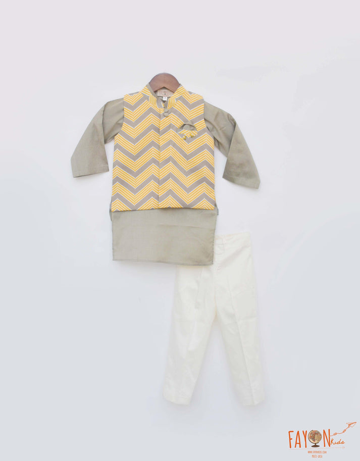 Grey Cotton Silk Printed Jacket Kurta Chevron with Pant set for boys
