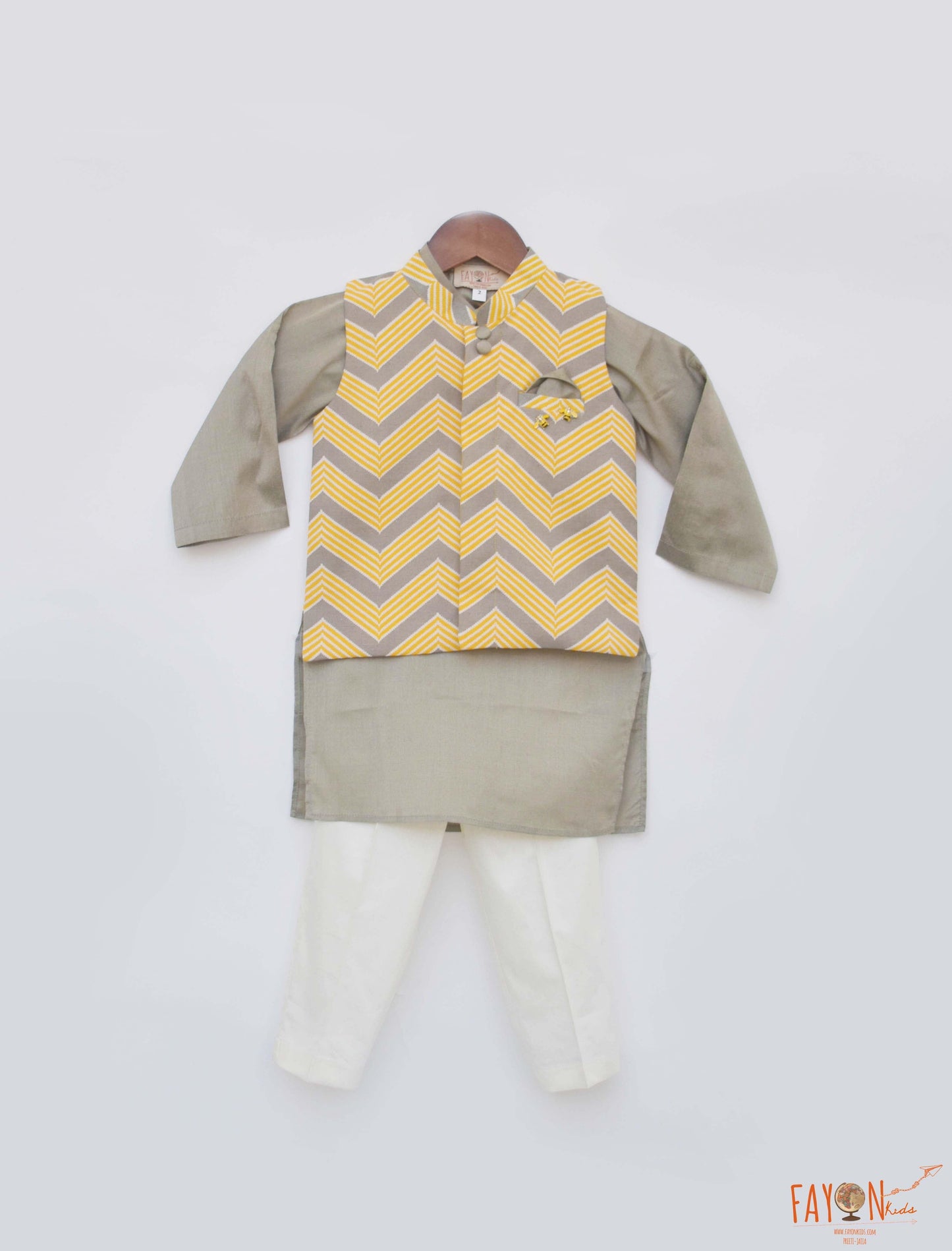 Grey Cotton Silk Printed Jacket Kurta Chevron with Pant set for boys