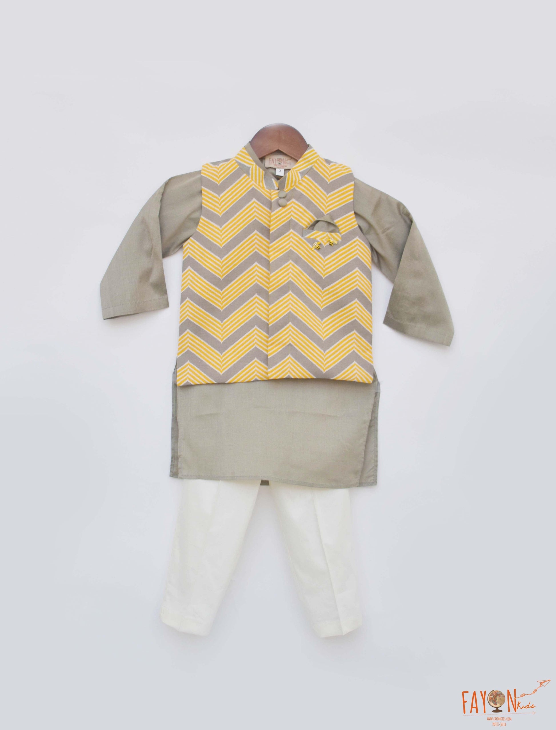 Grey Cotton Silk Printed Jacket Kurta Chevron with Pant set for boys