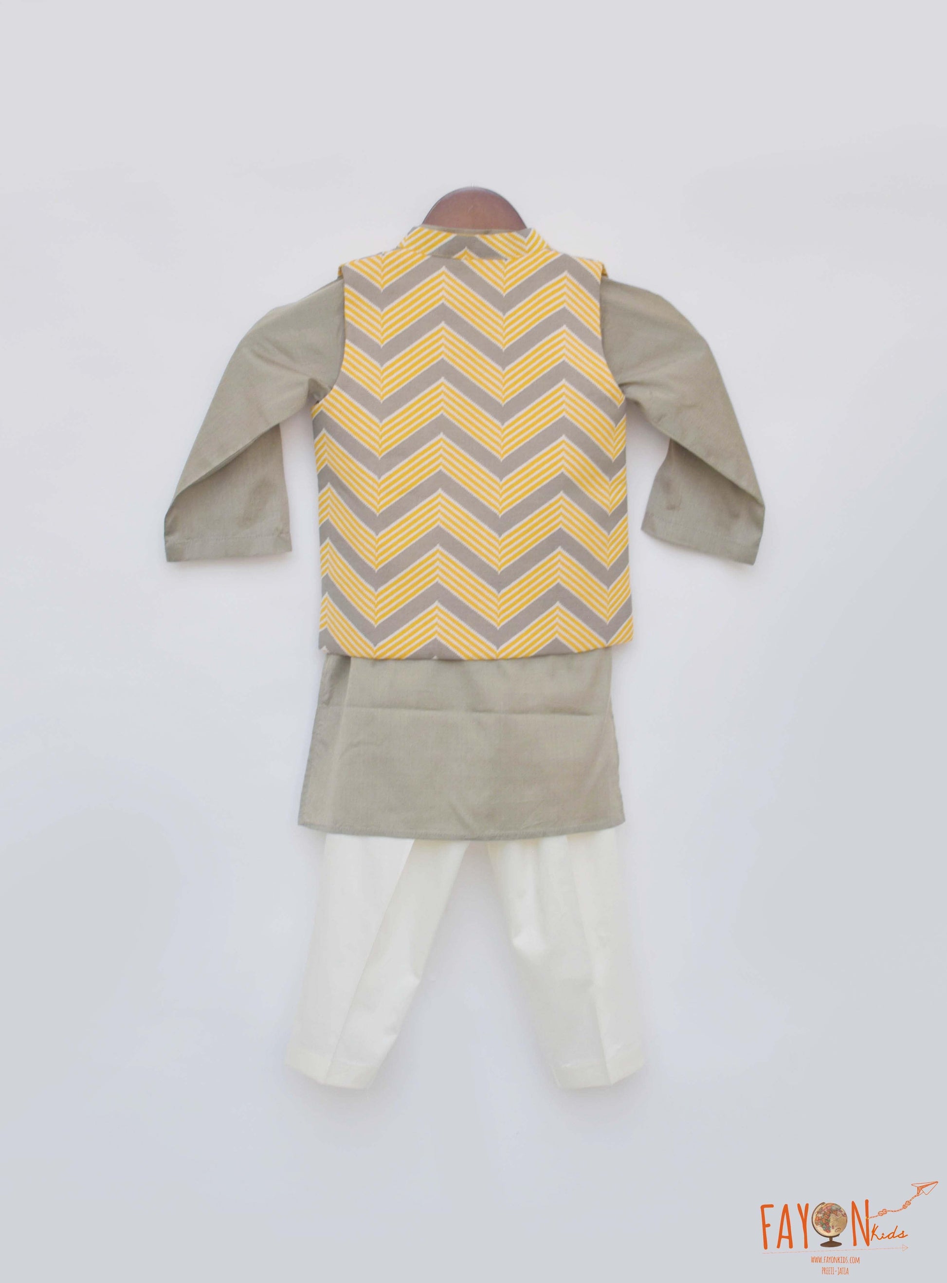Grey Cotton Silk Printed Jacket Kurta Chevron with Pant set for boys