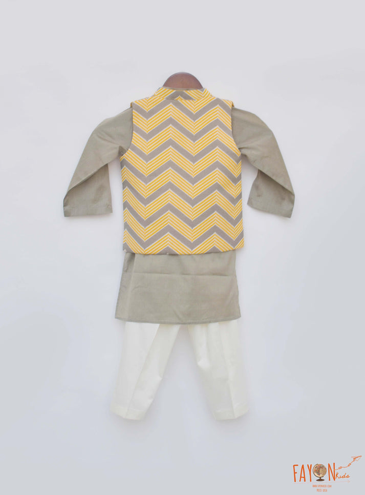 Grey Cotton Silk Printed Jacket Kurta Chevron with Pant set for boys