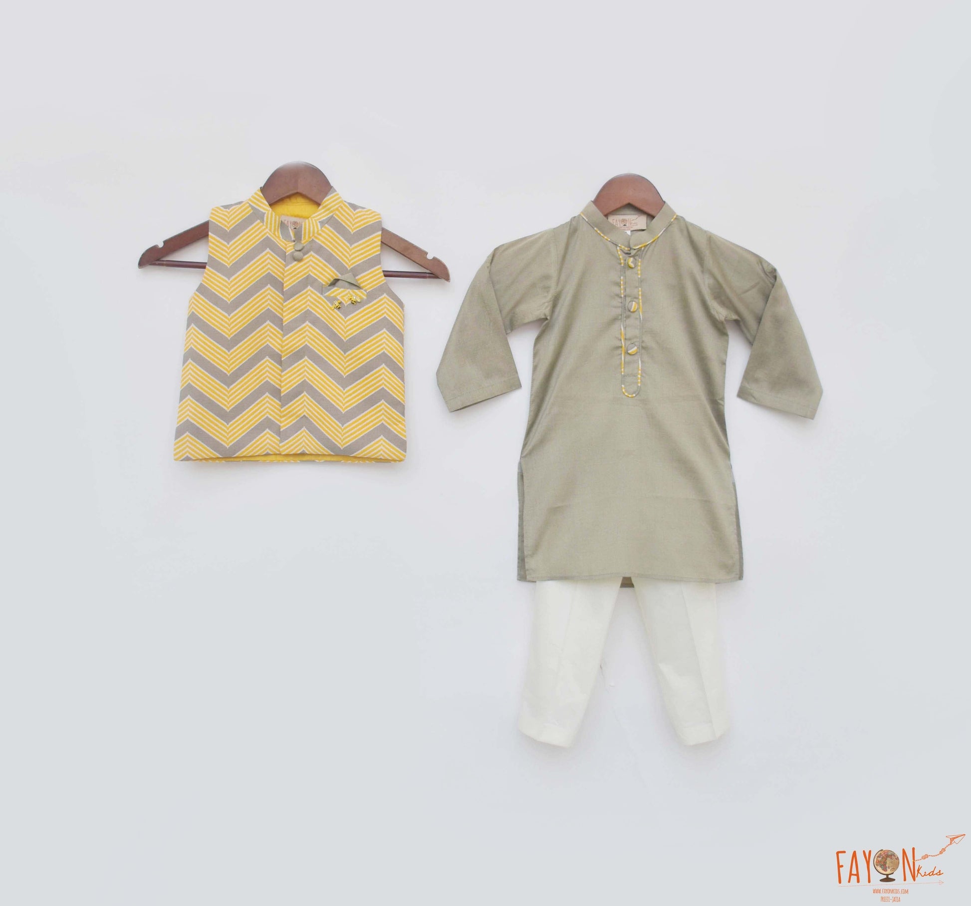 Grey Cotton Silk Printed Jacket Kurta Chevron with Pant set for boys