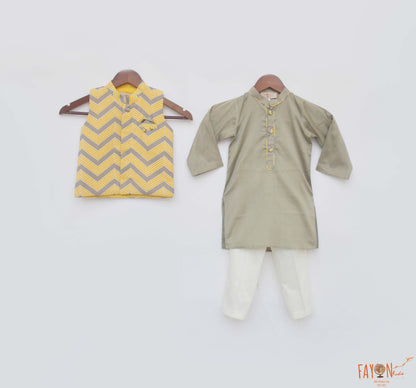Grey Cotton Silk Printed Jacket Kurta Chevron with Pant set for boys
