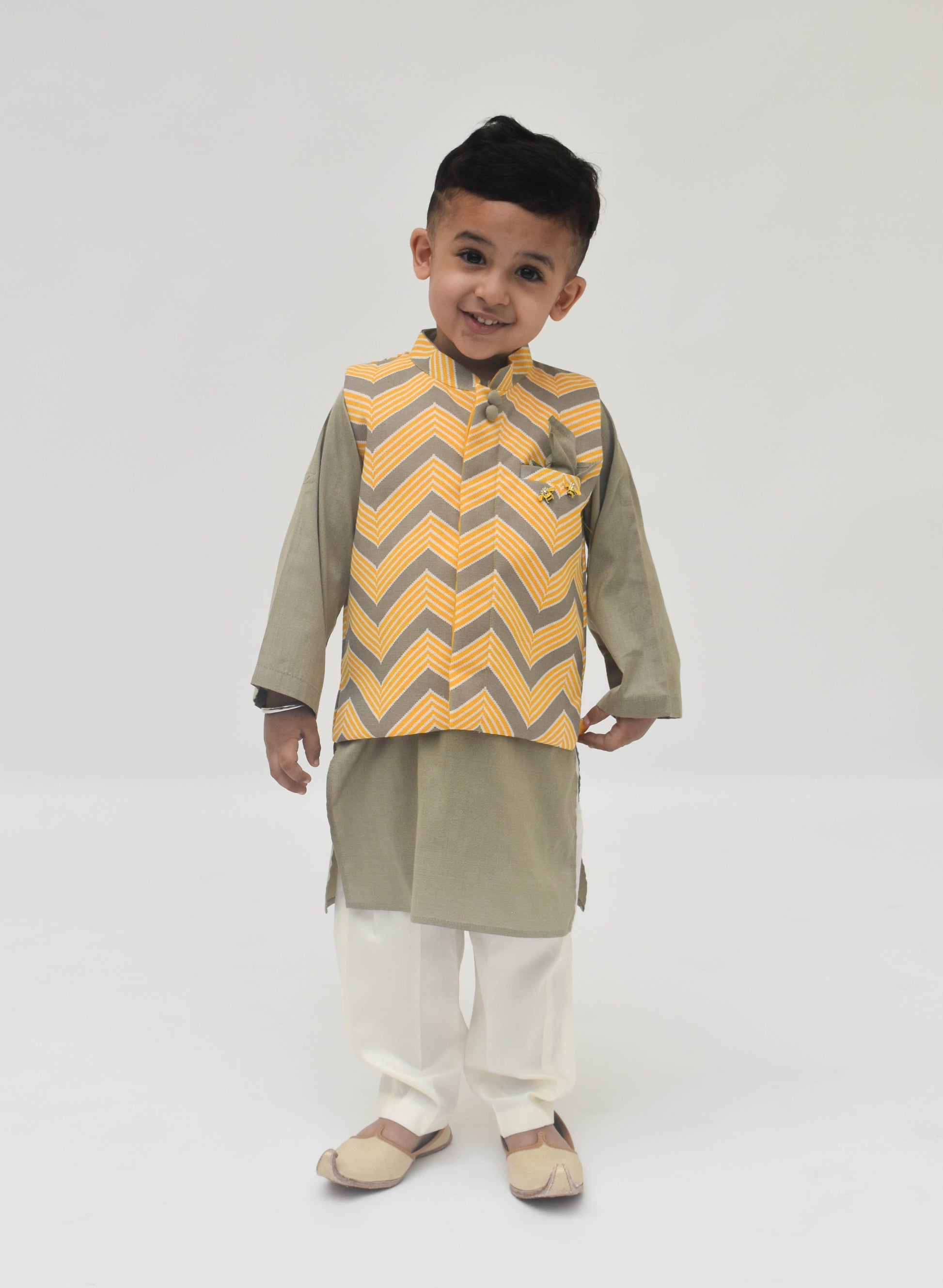 Grey Cotton Silk Printed Jacket Kurta Chevron with Pant set for boys