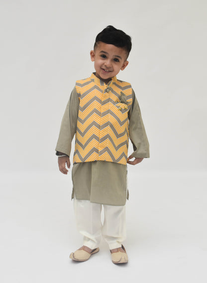 Grey Cotton Silk Printed Jacket Kurta Chevron with Pant set for boys