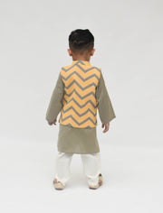 Grey Cotton Silk Printed Jacket Kurta Chevron with Pant set for boys